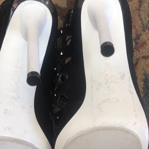 NWOT L.A.M.B. By Gwen Stefani black suede w elastic cords open toe pump sandal - Picture 9 of 12